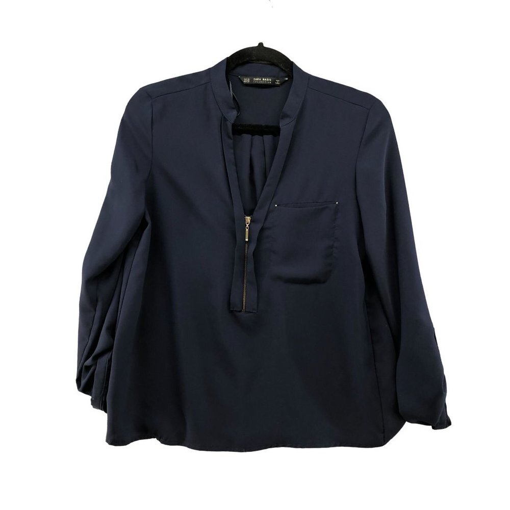 Zara Long Sleeve Blouse Womens XS Blue Chiffon Roll Tab Split Neck Zip Popover